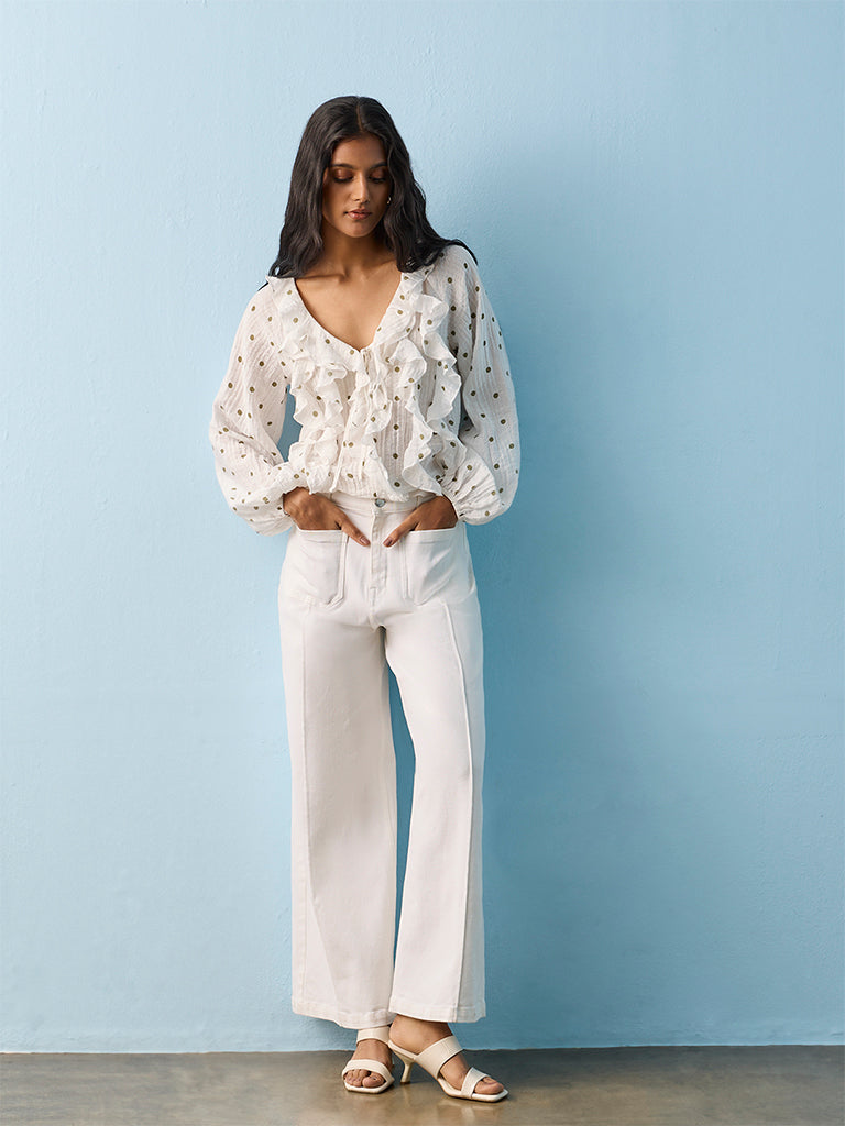 LOV White Polka-Dot Printed Ruffled Blouse