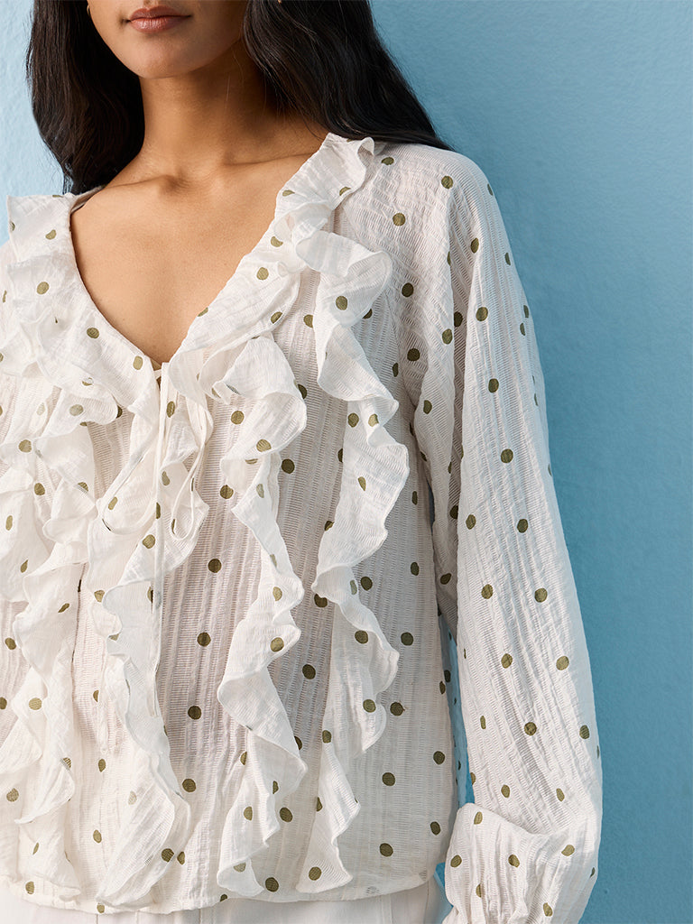 LOV White Polka-Dot Printed Ruffled Blouse
