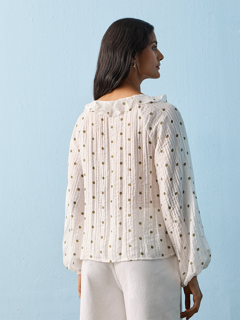 LOV White Polka-Dot Printed Ruffled Blouse