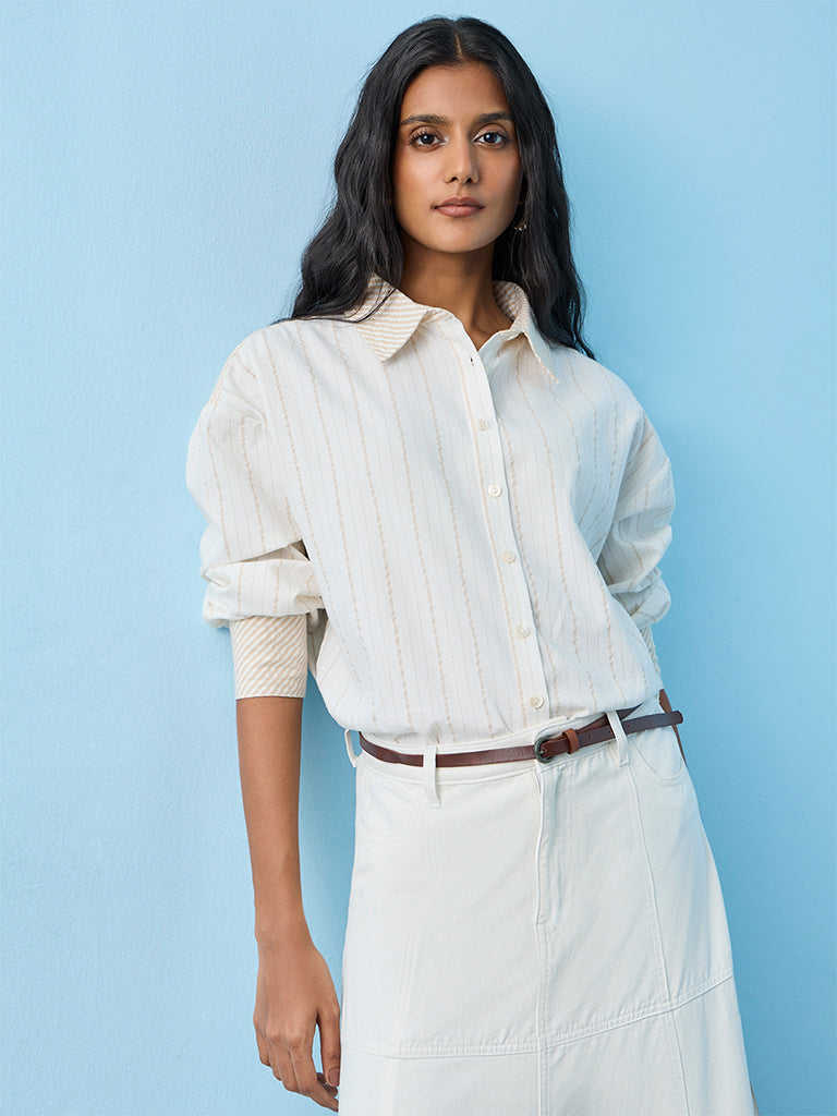 LOV Light Beige Striped Cotton Shirt