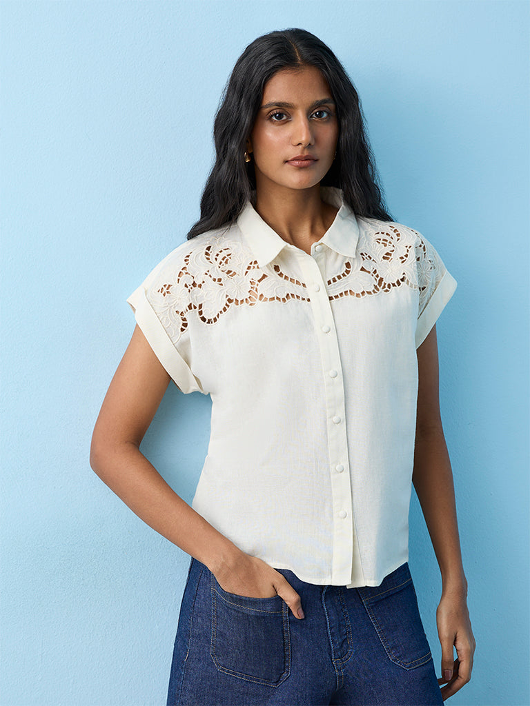 LOV Off-White Floral Embroidered Shirt