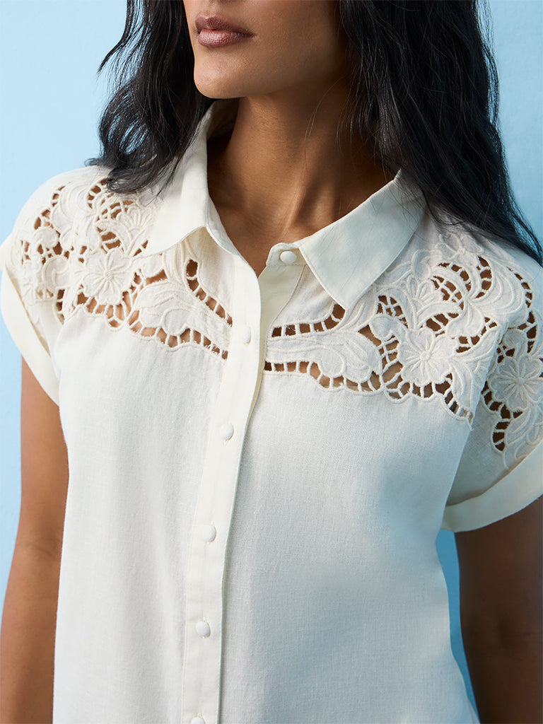 LOV Off-White Floral Embroidered Shirt