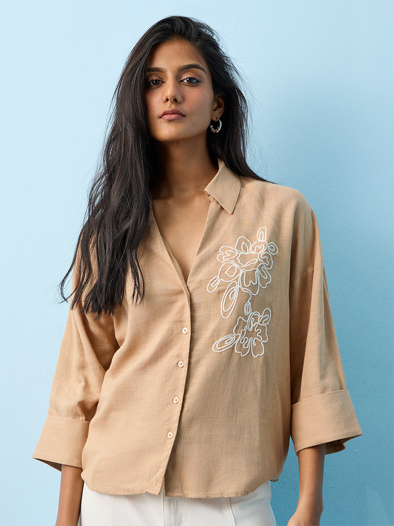 LOV Beige Floral Embroidered Shirt