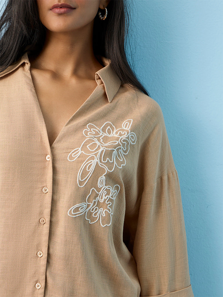 LOV Beige Floral Embroidered Shirt