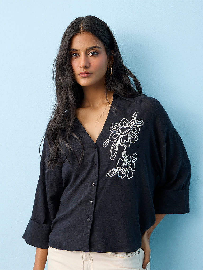 LOV Black Floral Embroidered Shirt