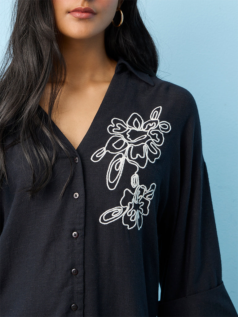 LOV Black Floral Embroidered Shirt