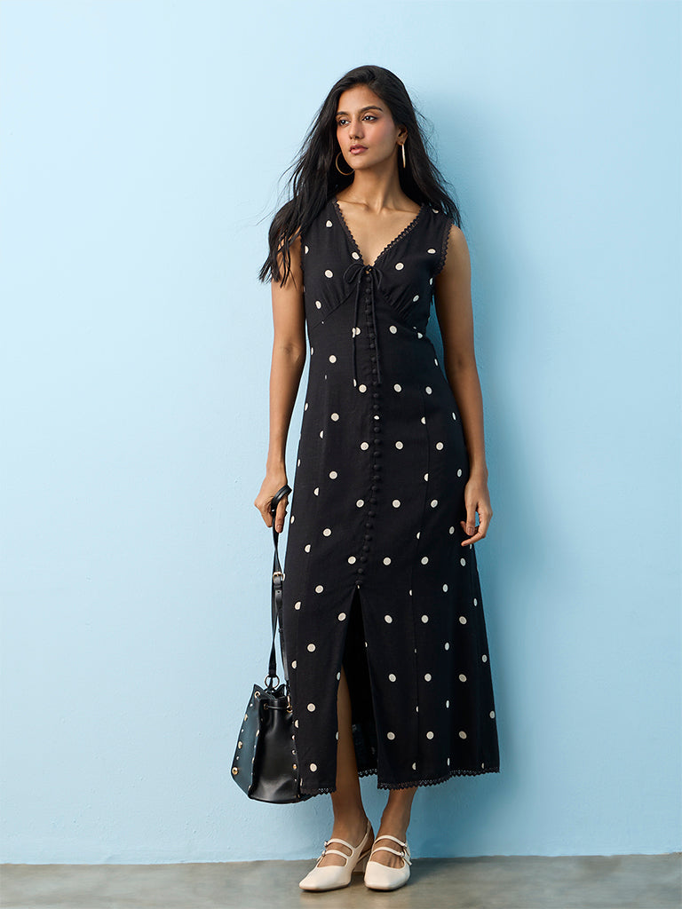 LOV Black Polka Dot Printed A-Line Dress
