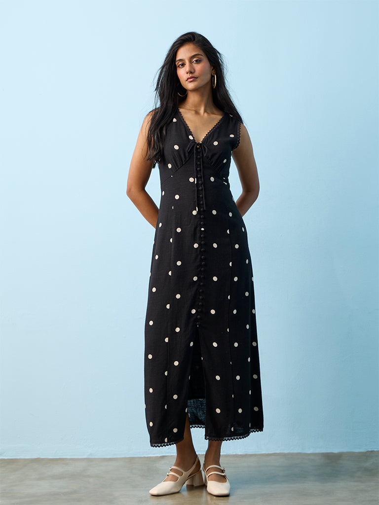 LOV Black Polka Dot Printed A-Line Dress