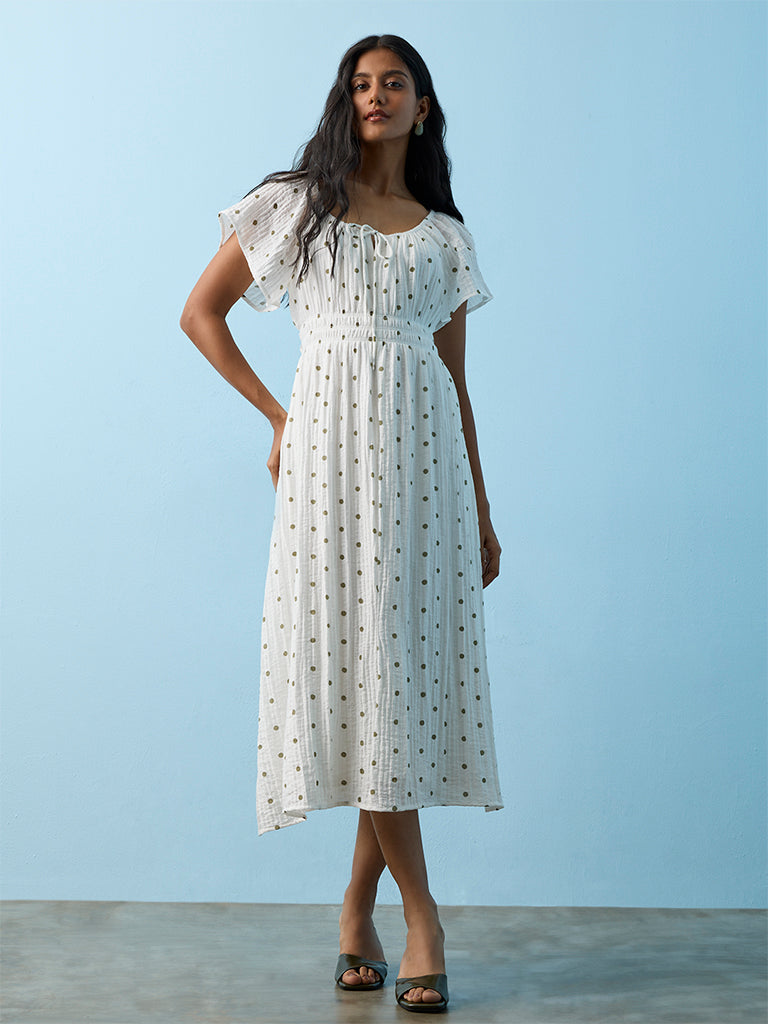 LOV White Polka Dot Printed A-Line Dress