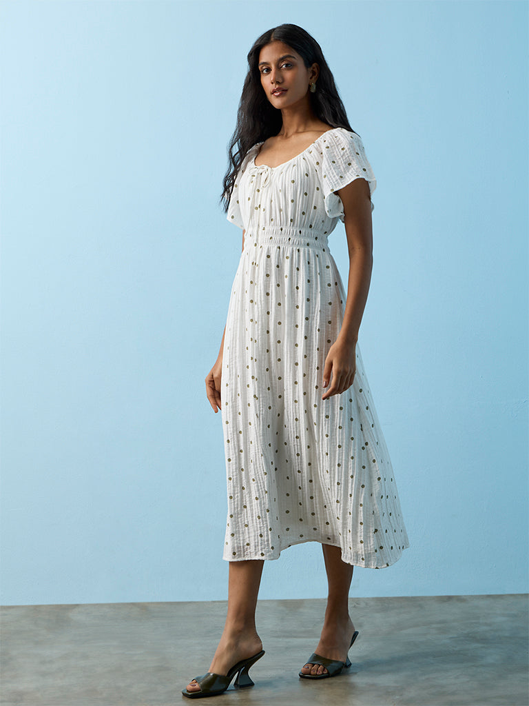 LOV White Polka Dot Printed A-Line Dress