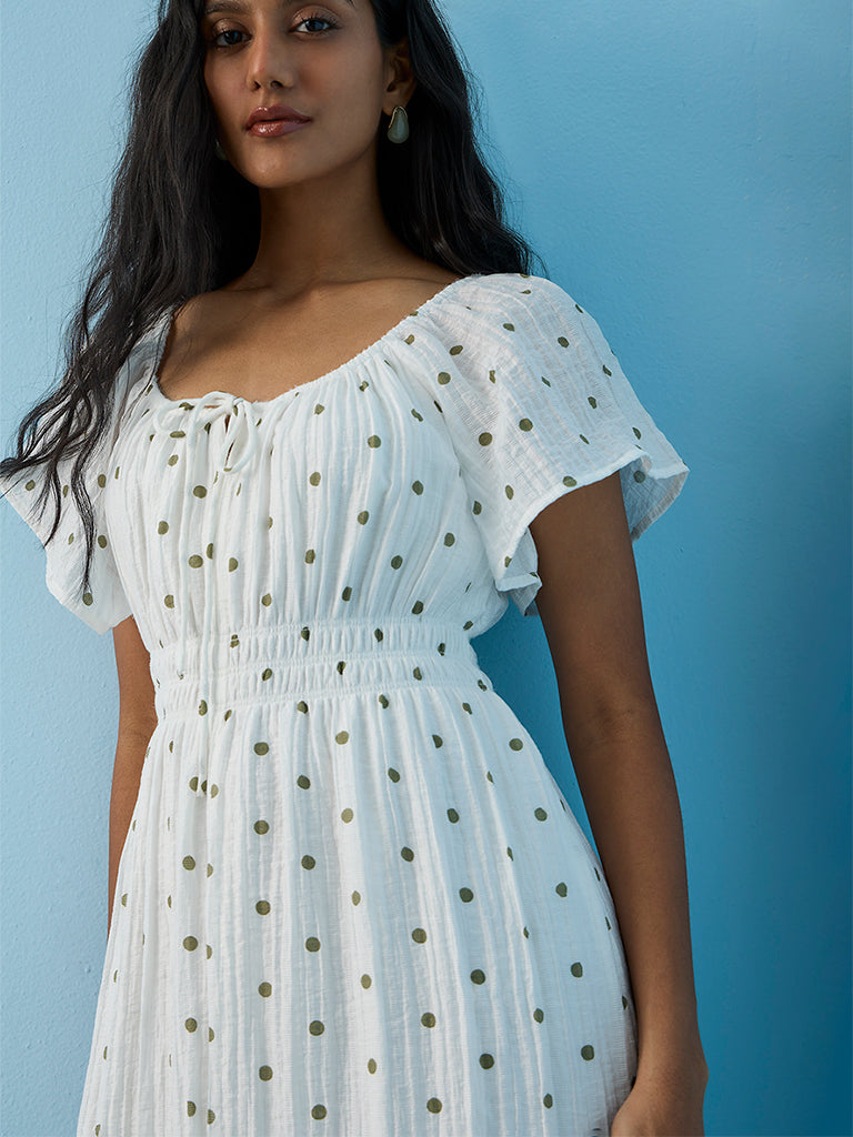 LOV White Polka Dot Printed A-Line Dress