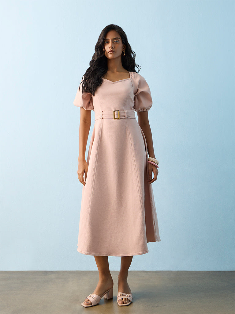 LOV Dusty Pink Cotton-Blend A-Line Dress with Belt