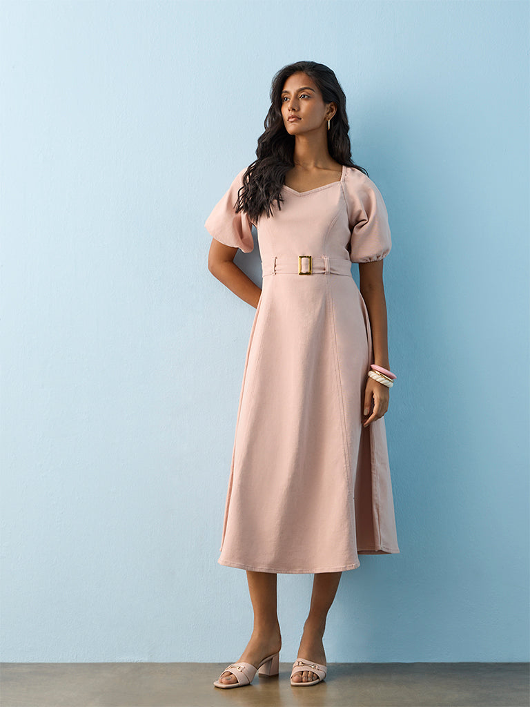 LOV Dusty Pink Cotton-Blend A-Line Dress with Belt
