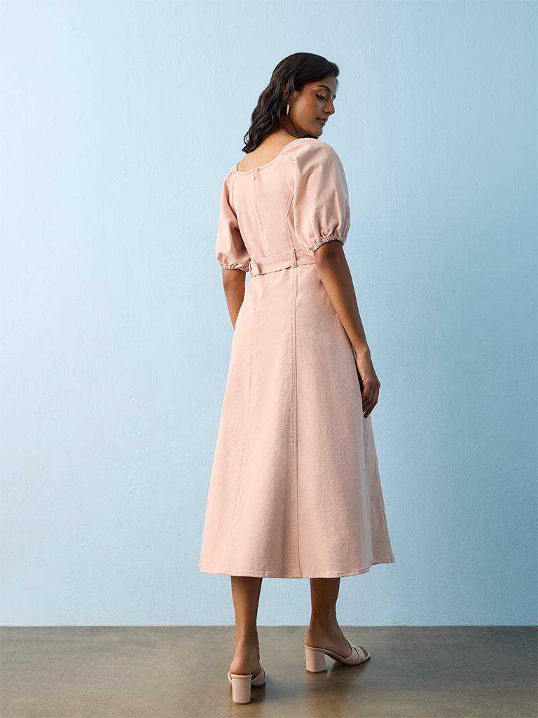 LOV Dusty Pink Cotton-Blend A-Line Dress with Belt