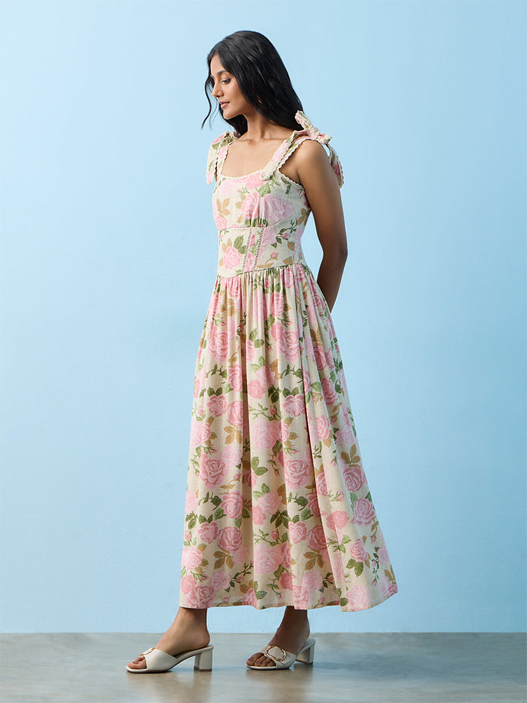 LOV Light Pink Floral Printed Linen-Blend A-Line Dress
