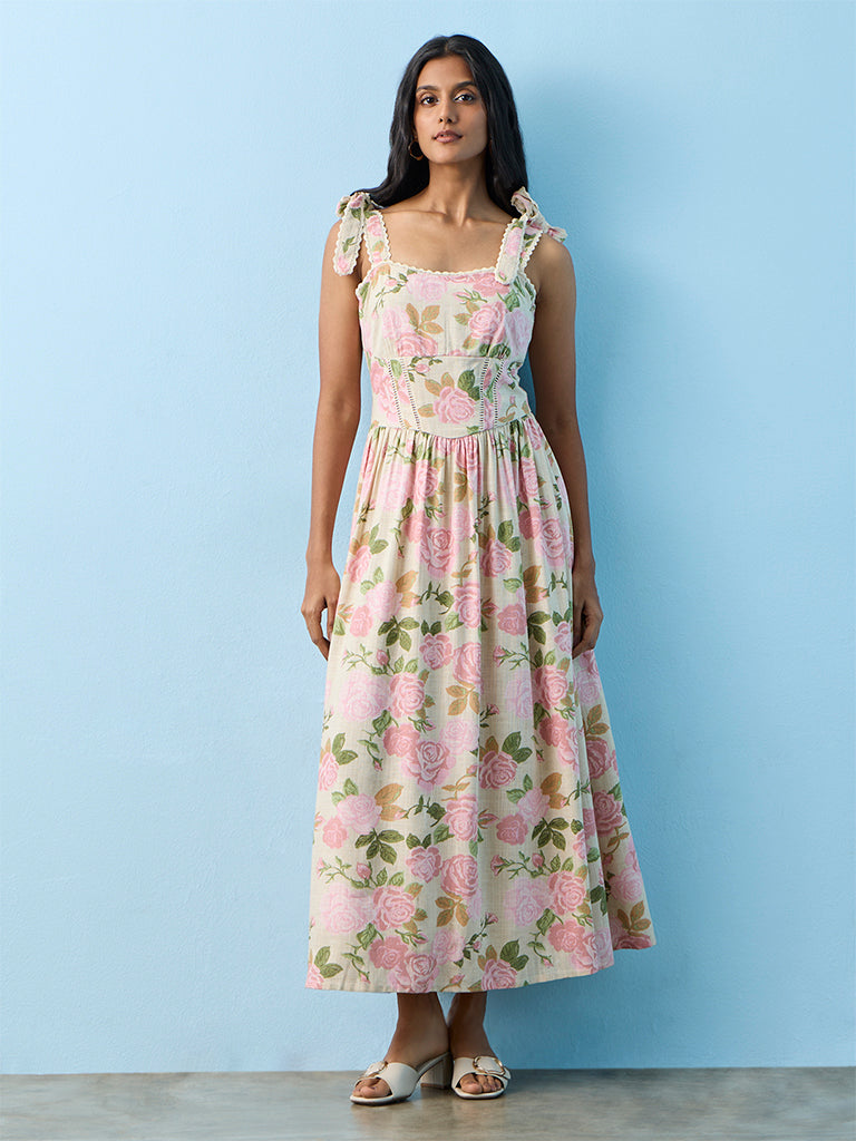 LOV Light Pink Floral Printed Linen-Blend A-Line Dress