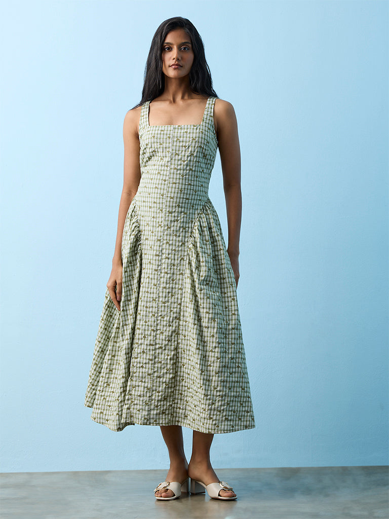 LOV Green Heart Embroidered Cotton-Blend A-Line Dress