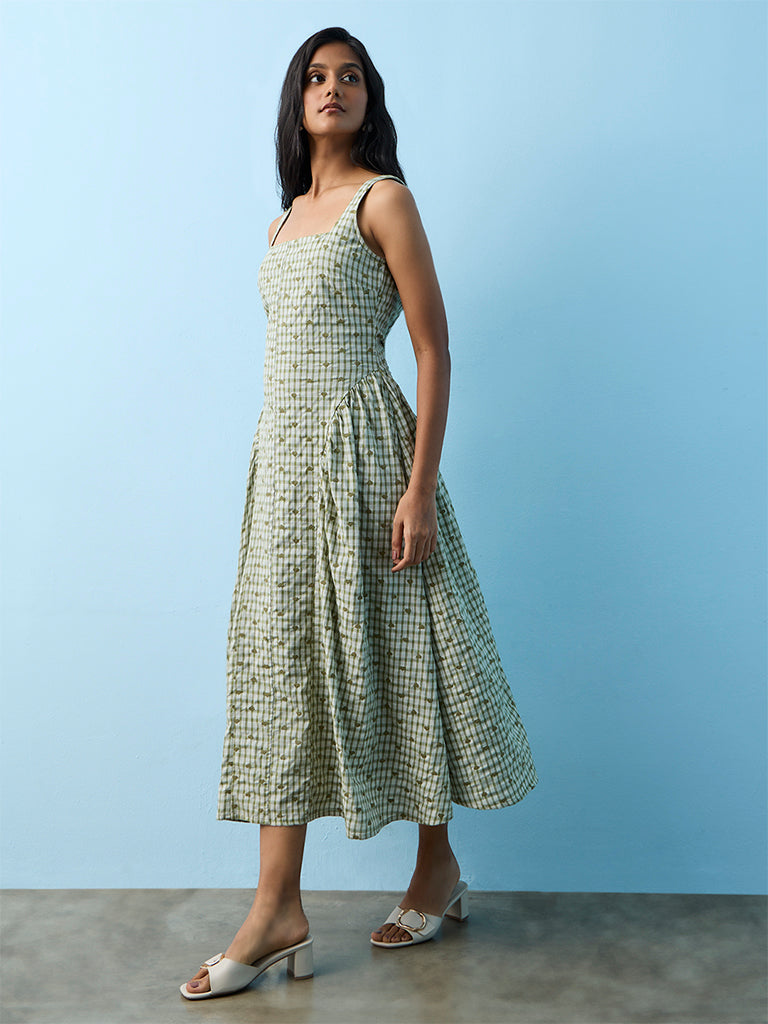 LOV Green Heart Embroidered Cotton-Blend A-Line Dress