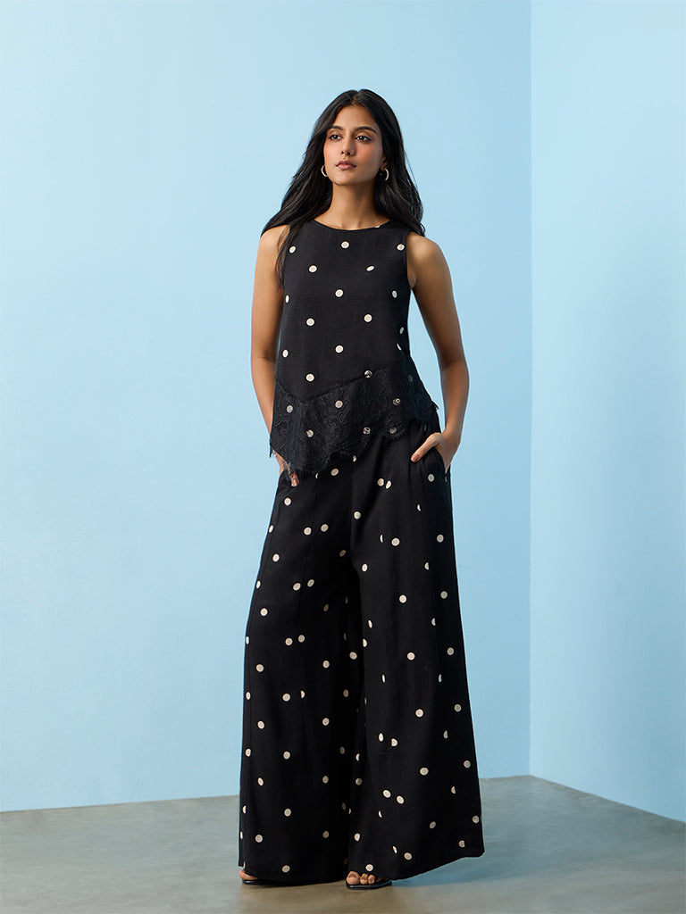 LOV Black Polka Dot Printed High-Rise Pants