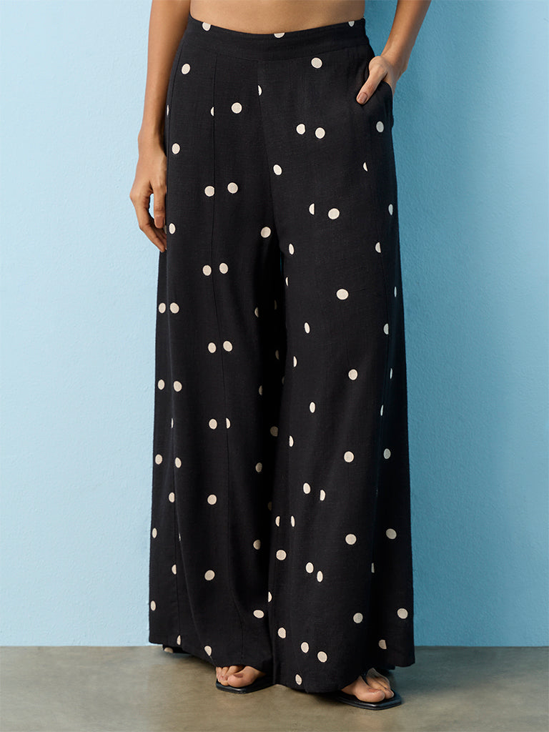 LOV Black Polka Dot Printed High-Rise Pants