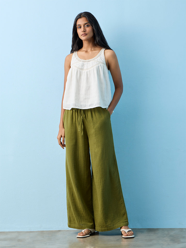 LOV Olive Crinkle-Textured High-Rise Linen-Blend Pants