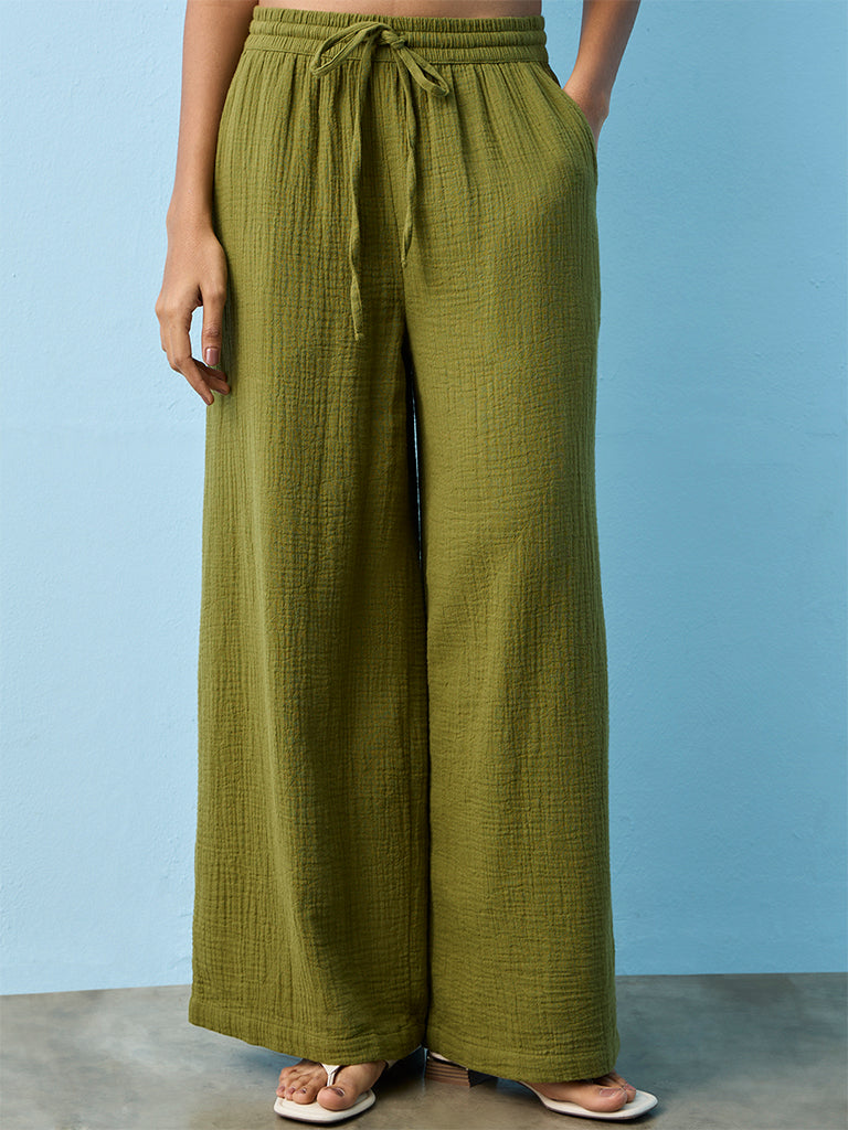 LOV Olive Crinkle-Textured High-Rise Linen-Blend Pants