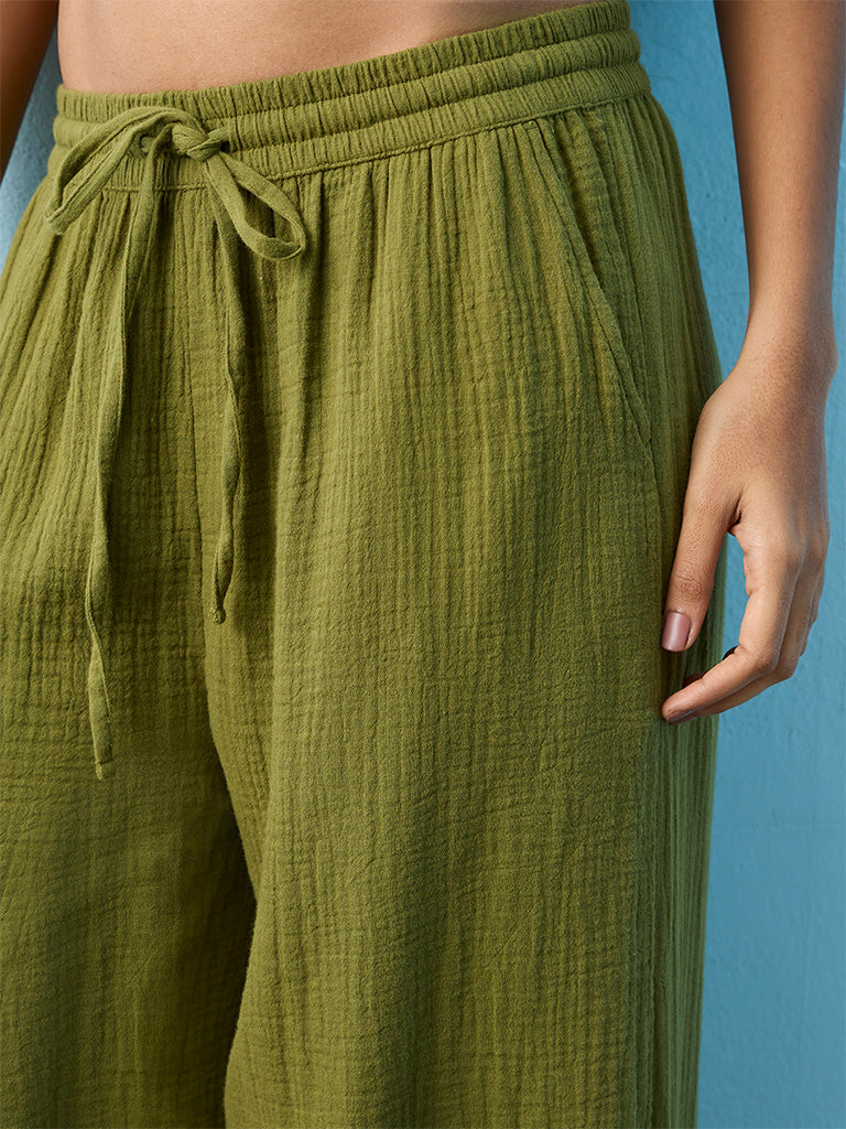 LOV Olive Crinkle-Textured High-Rise Linen-Blend Pants