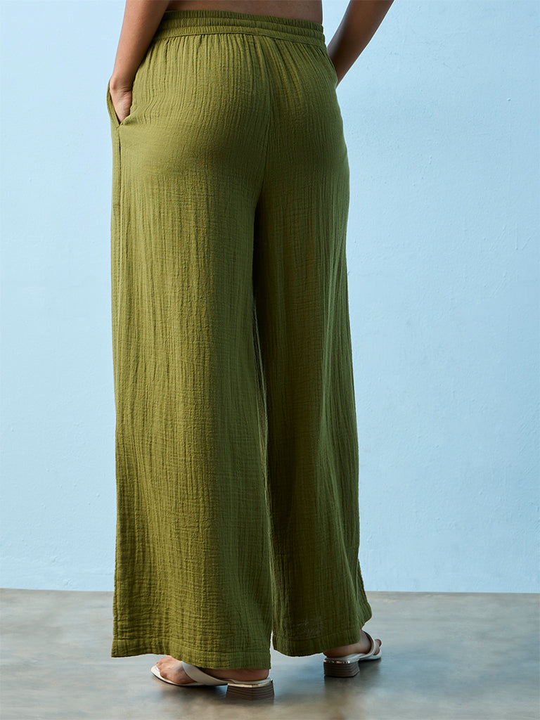 LOV Olive Crinkle-Textured High-Rise Linen-Blend Pants