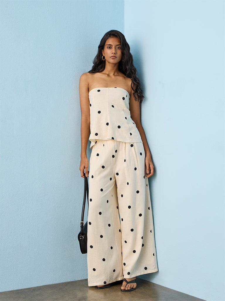 LOV Off-White Polka Dot High-Rise Cotton Pants