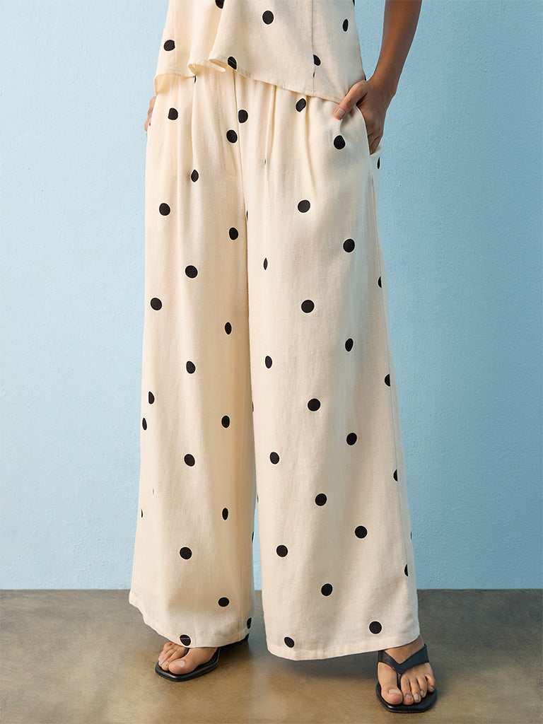 LOV Off-White Polka Dot High-Rise Cotton Pants