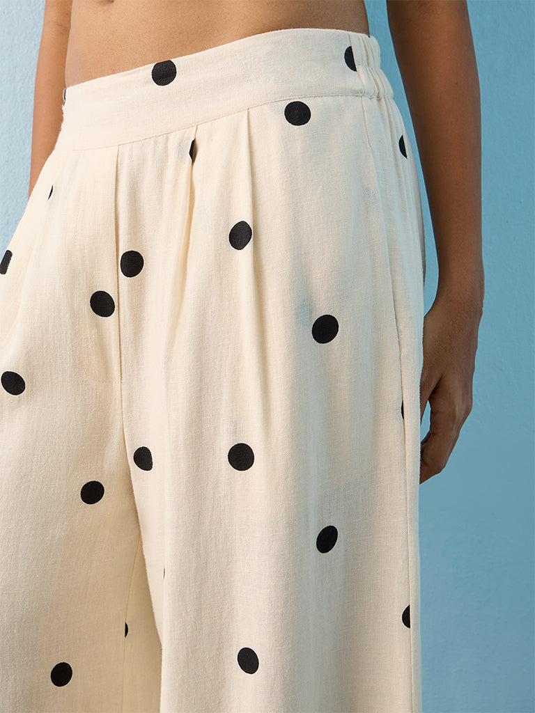 LOV Off-White Polka Dot High-Rise Cotton Pants