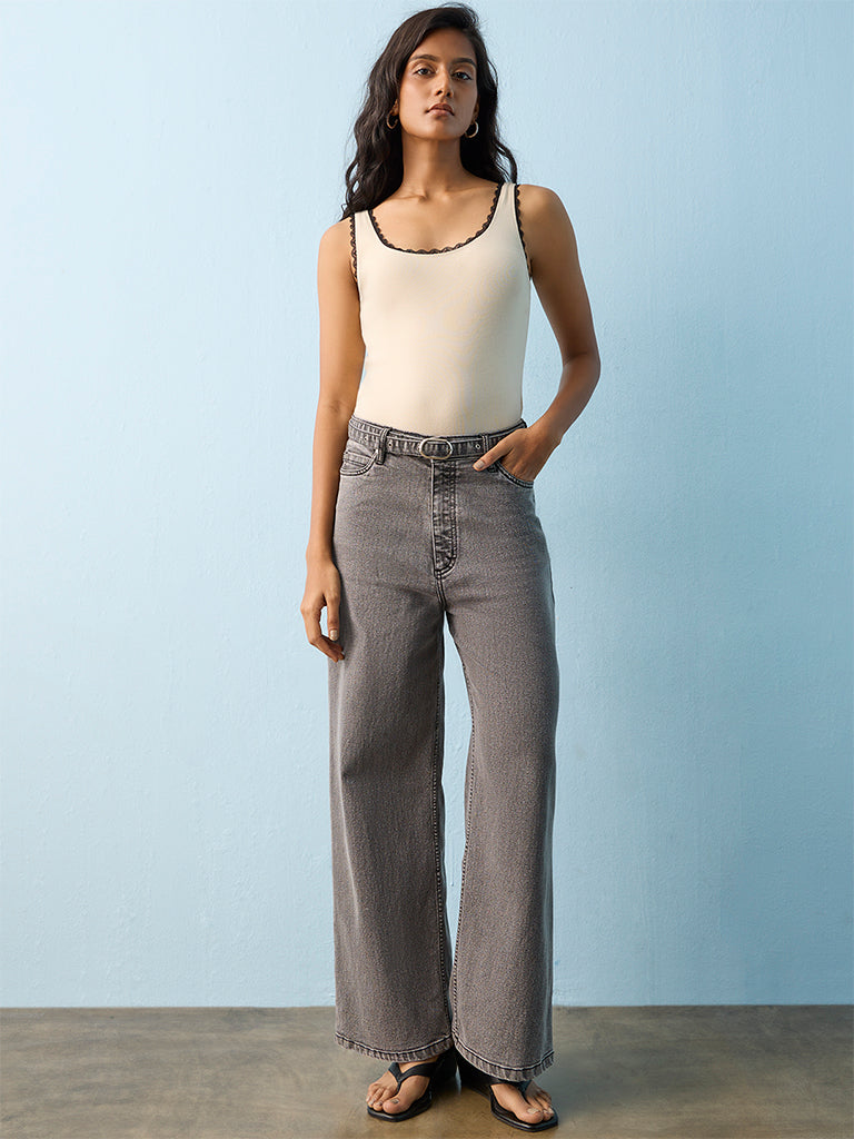 LOV Dark Grey Washed High-Rise Jeans with Belt