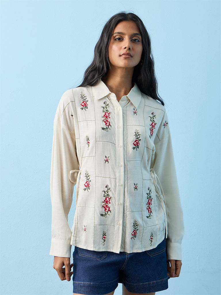 LOV Off-White Floral Embroidered Shirt