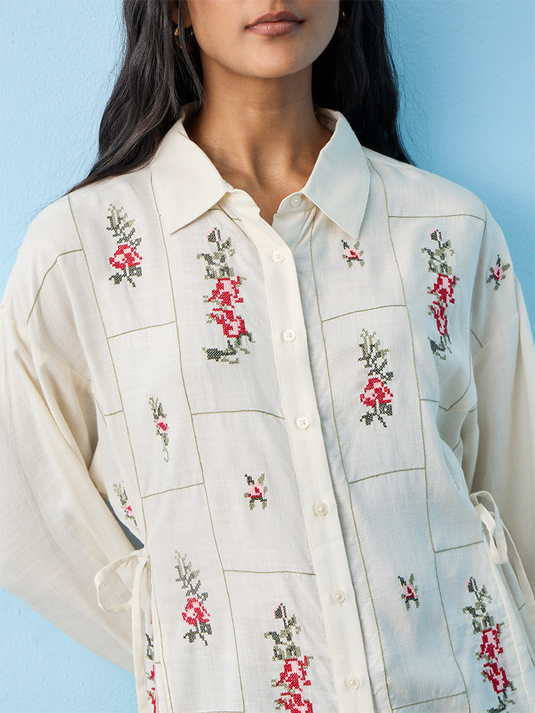 LOV Off-White Floral Embroidered Shirt