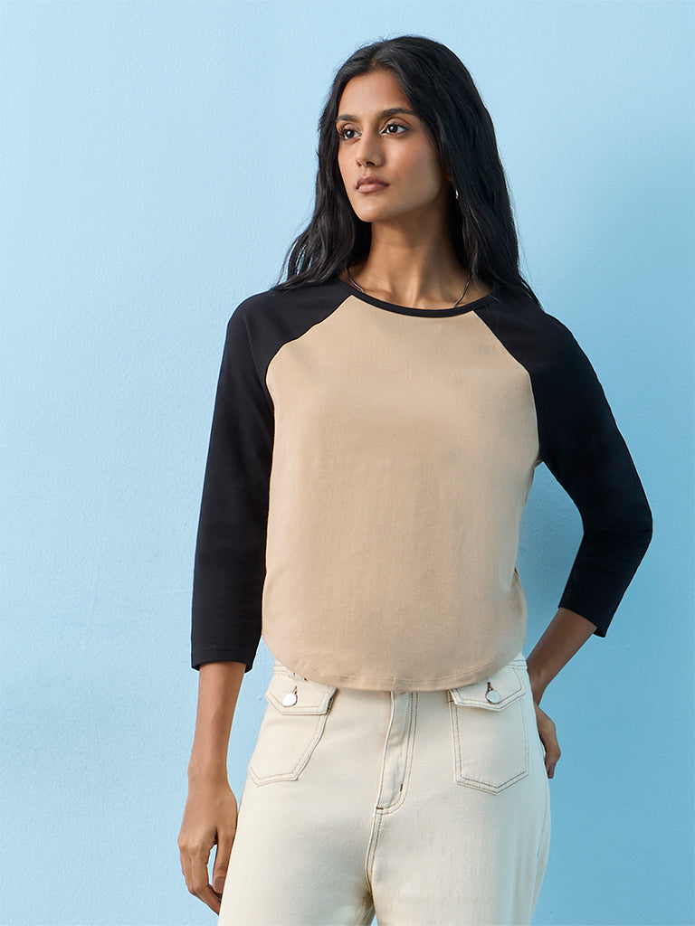 LOV Beige Colour-Blocked Cotton-Blend T-Shirt