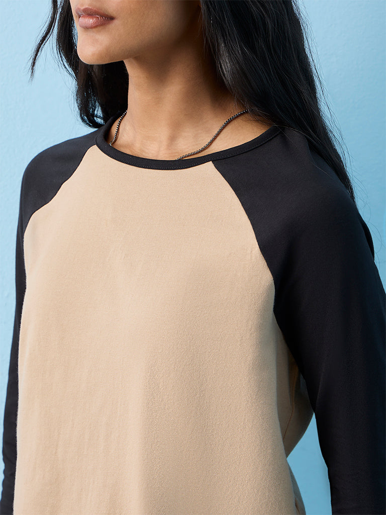 LOV Beige Colour-Blocked Cotton-Blend T-Shirt
