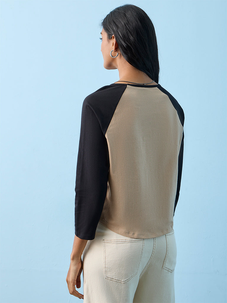 LOV Beige Colour-Blocked Cotton-Blend T-Shirt