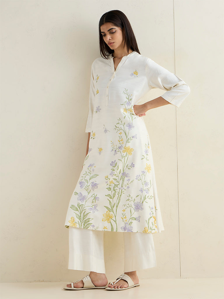 Zuba White Solid Silk-Blend Ethnic Pants