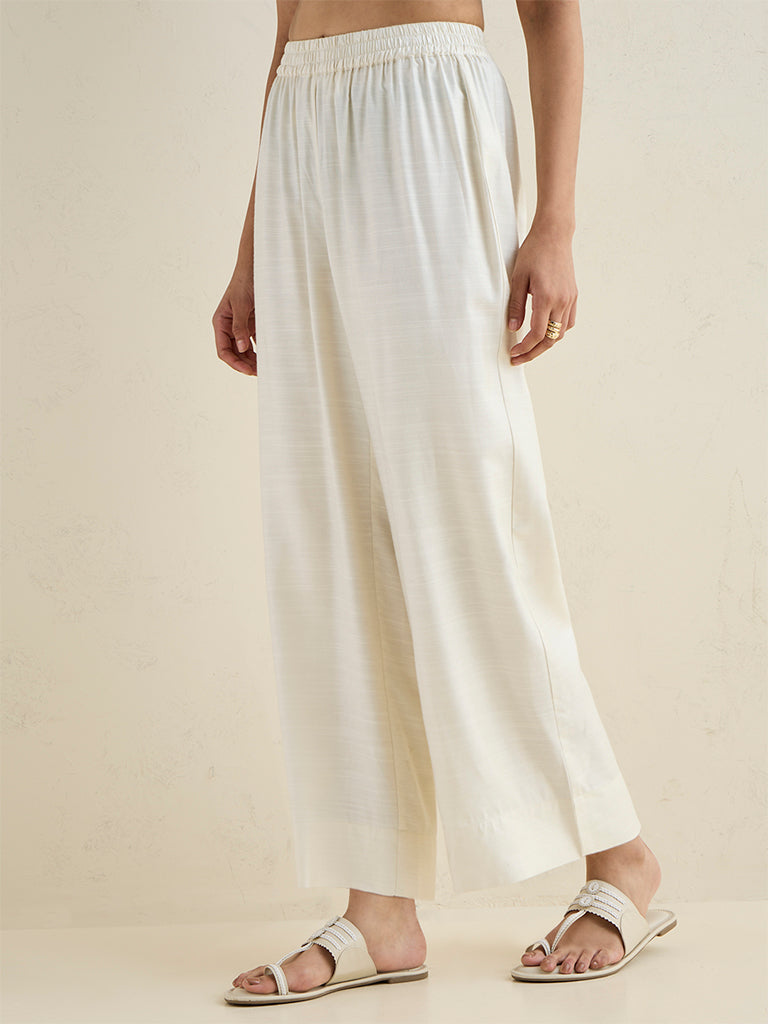 Zuba White Solid Silk-Blend Ethnic Pants