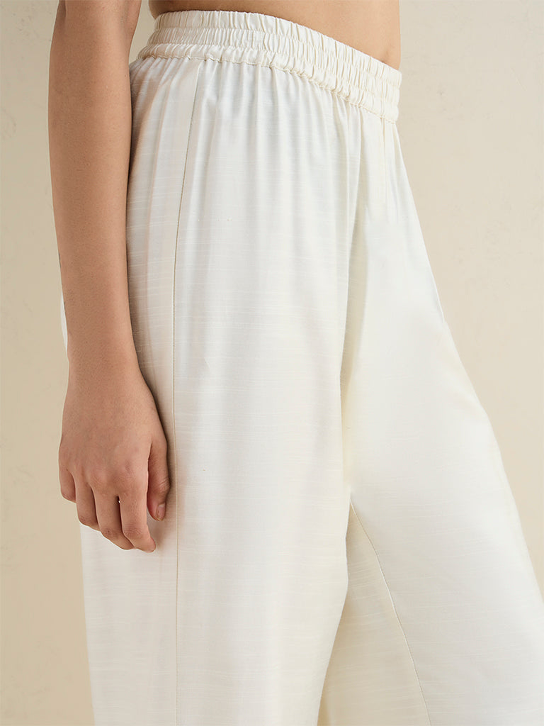 Zuba White Solid Silk-Blend Ethnic Pants