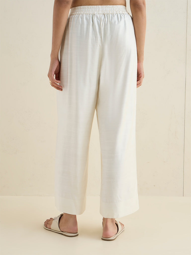 Zuba White Solid Silk-Blend Ethnic Pants