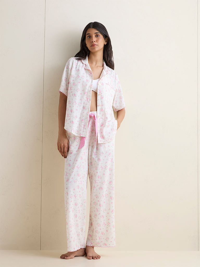 Wunderlove Ivory Floral Printed Cotton Shirt and Pyjamas Set