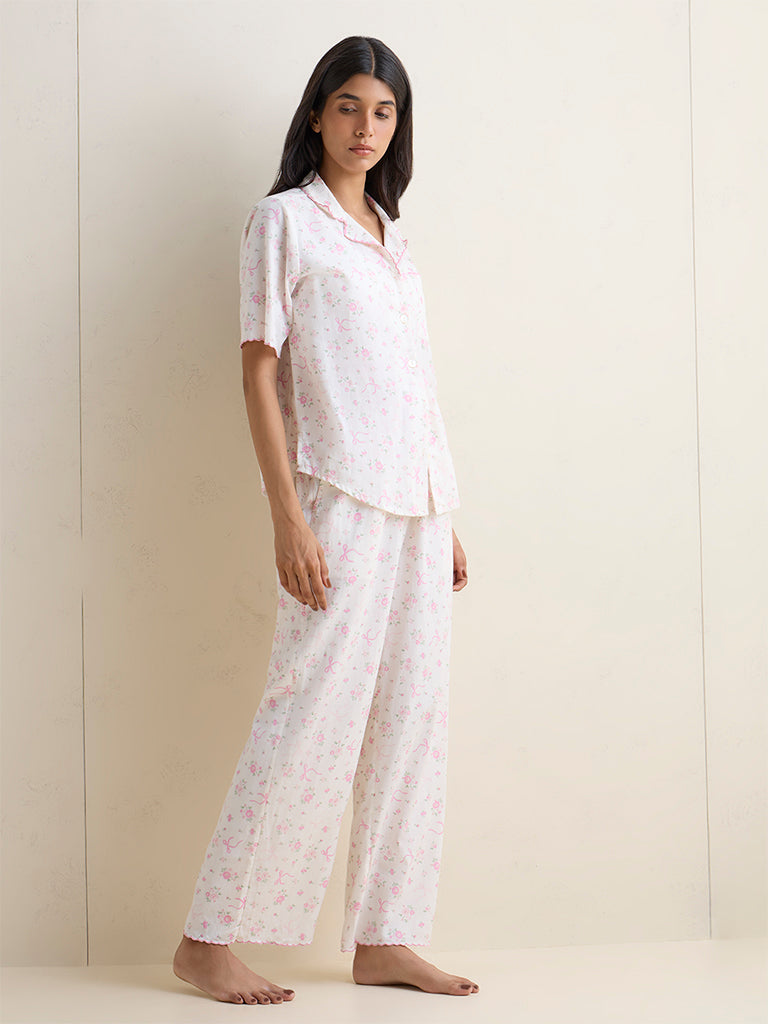 Wunderlove Ivory Floral Printed Cotton Shirt and Pyjamas Set