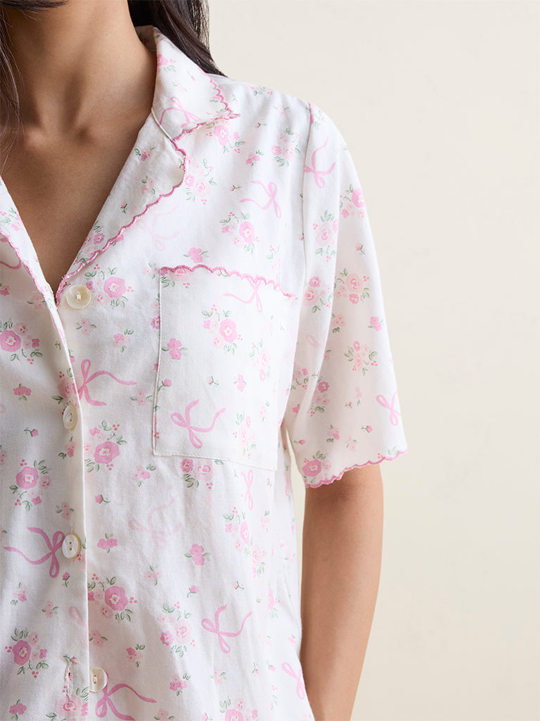 Wunderlove Ivory Floral Printed Cotton Shirt and Pyjamas Set