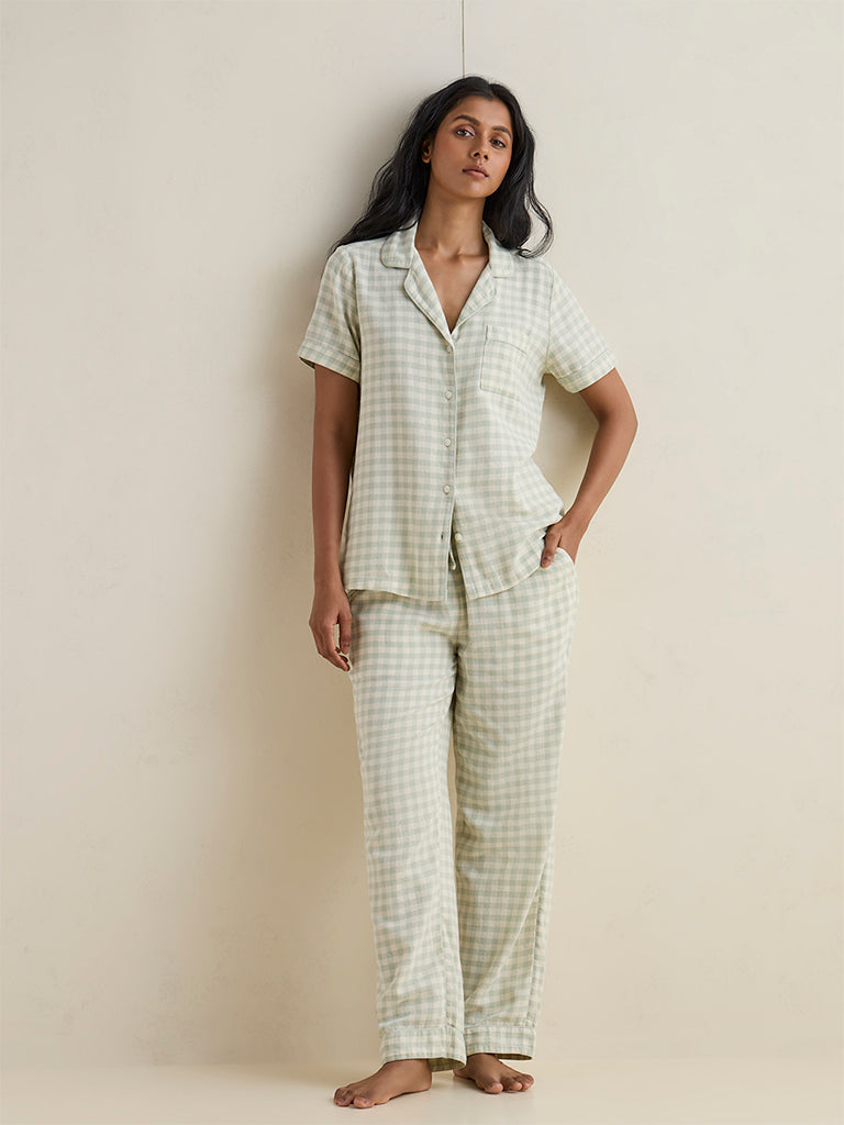 Wunderlove Sage Green Checkered Shirt and Pants Set