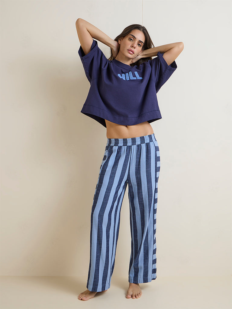 Wunderlove Blue Striped High-Rise Cotton-Blend Pants