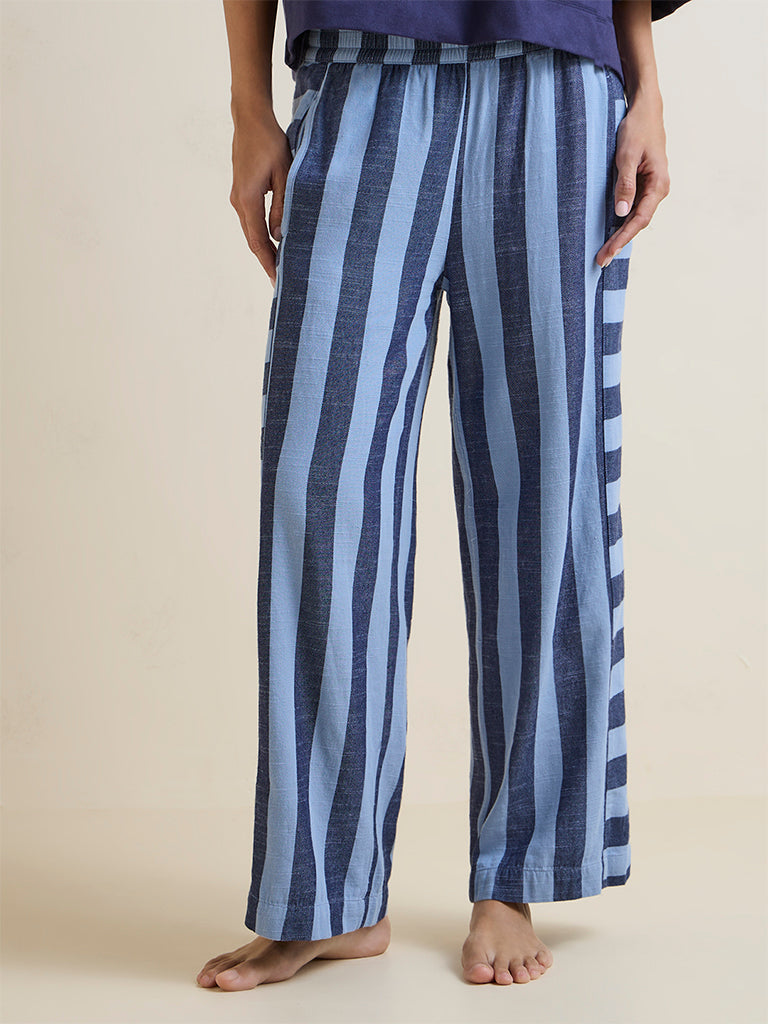 Wunderlove Blue Striped High-Rise Cotton-Blend Pants