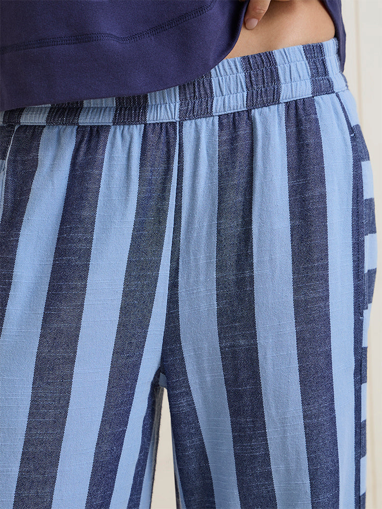 Wunderlove Blue Striped High-Rise Cotton-Blend Pants