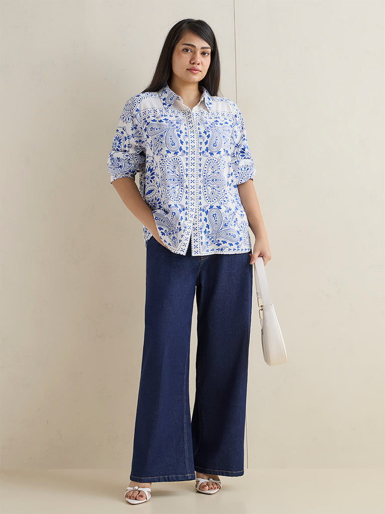 Gia White Paisley Printed Cotton Shirt