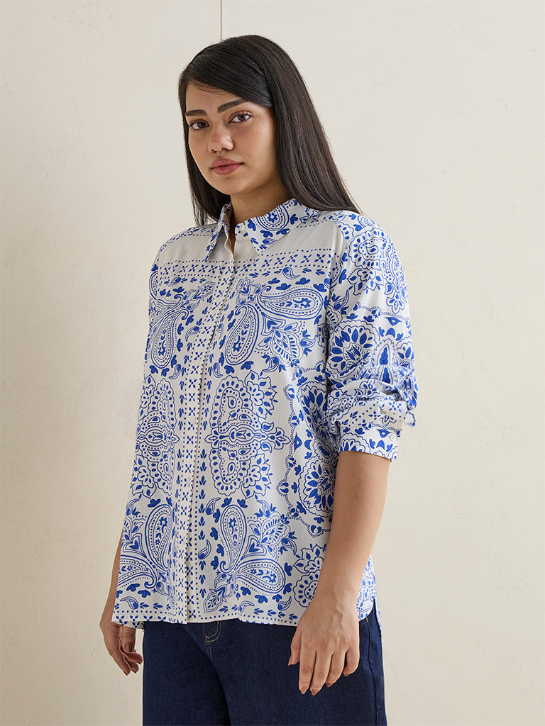 Gia White Paisley Printed Cotton Shirt